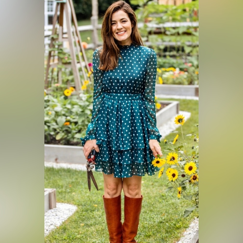 Kiel James Patrick Silk Green Dot Dress